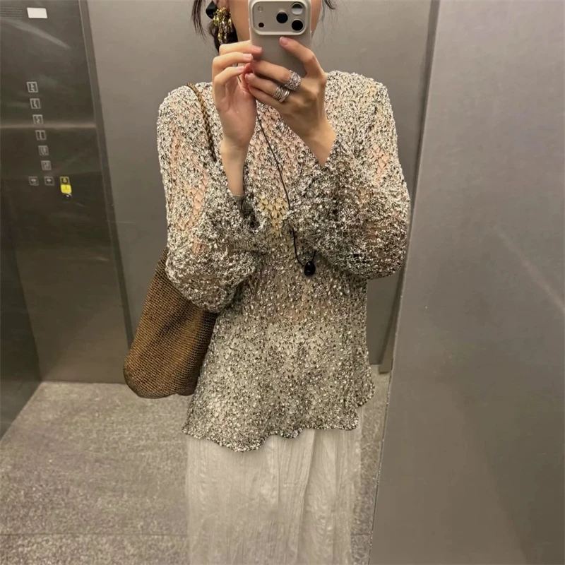 Women's round Neck Cotton Knitwear Hollow Glitter Mesh High Quality Fashion Casual See-through Autumn New Style Overhead Shirt