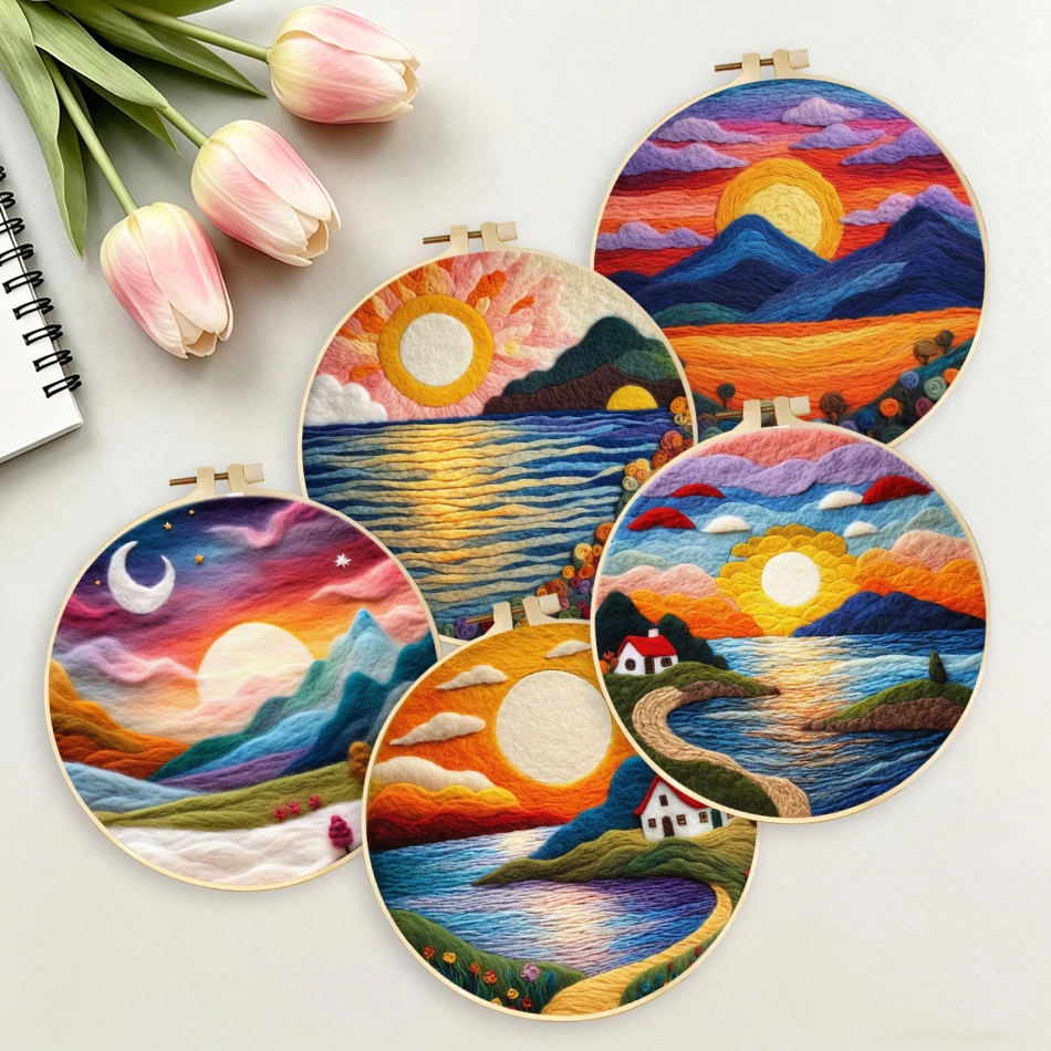 

GATYZTORY Diy Wool Felting Painting For Beginners Kit Mountain Sunset Scenery Craft Painting Handcraft Needle Wool Home Decor