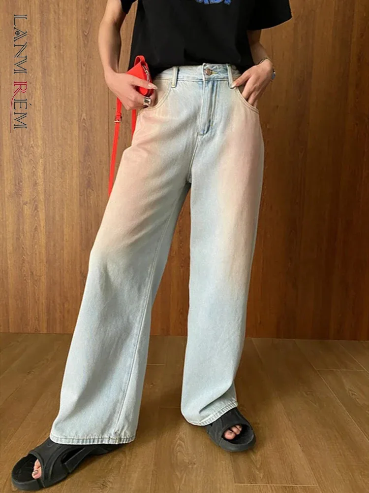 

[LANMREM] Washed High Waist Jeans For Women Straight Wide Leg Denim Pants Fashion Tide Loose Trousers 2024 Summer New 26D9290