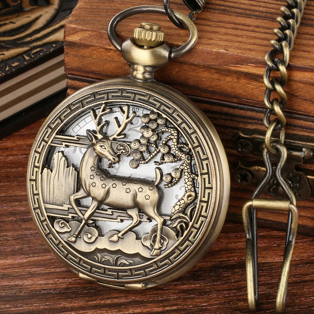 

Exquisite Hollow Out Deer Bronze Half Hunter Quartz Pocket Watch Retro Necklace Pocket Clock Arabic Numeral Dial Pendant Watches