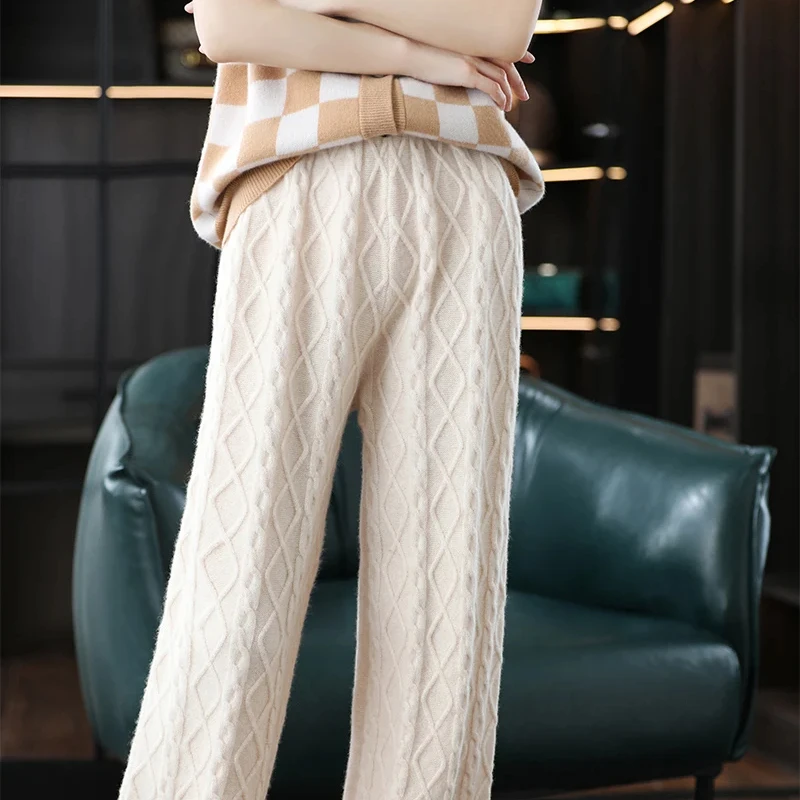 

New Winter Women 100% Merino Wool Pants Soft Comfortable High-Waist Knitted Trousers Female Cashmere Thicken Wide Leg Pants