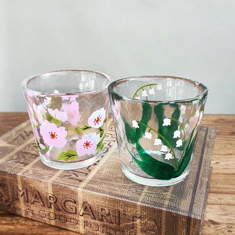 155Ml Hand Painted Glass Wine Cup Peony Bell Orchids Pattern Transparent Wine Glass Hand-Painted Birthday Gift