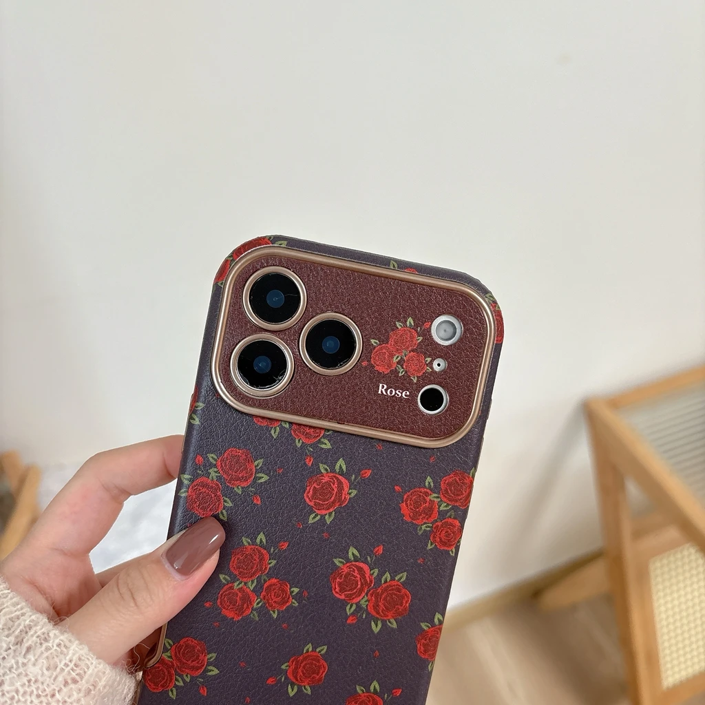 Retro Oil Painting Red Rose Artificial Leather With Lanyard Shock Proof Phone Cover Case for iPhone 17 16 15 14 Pro Max view 6