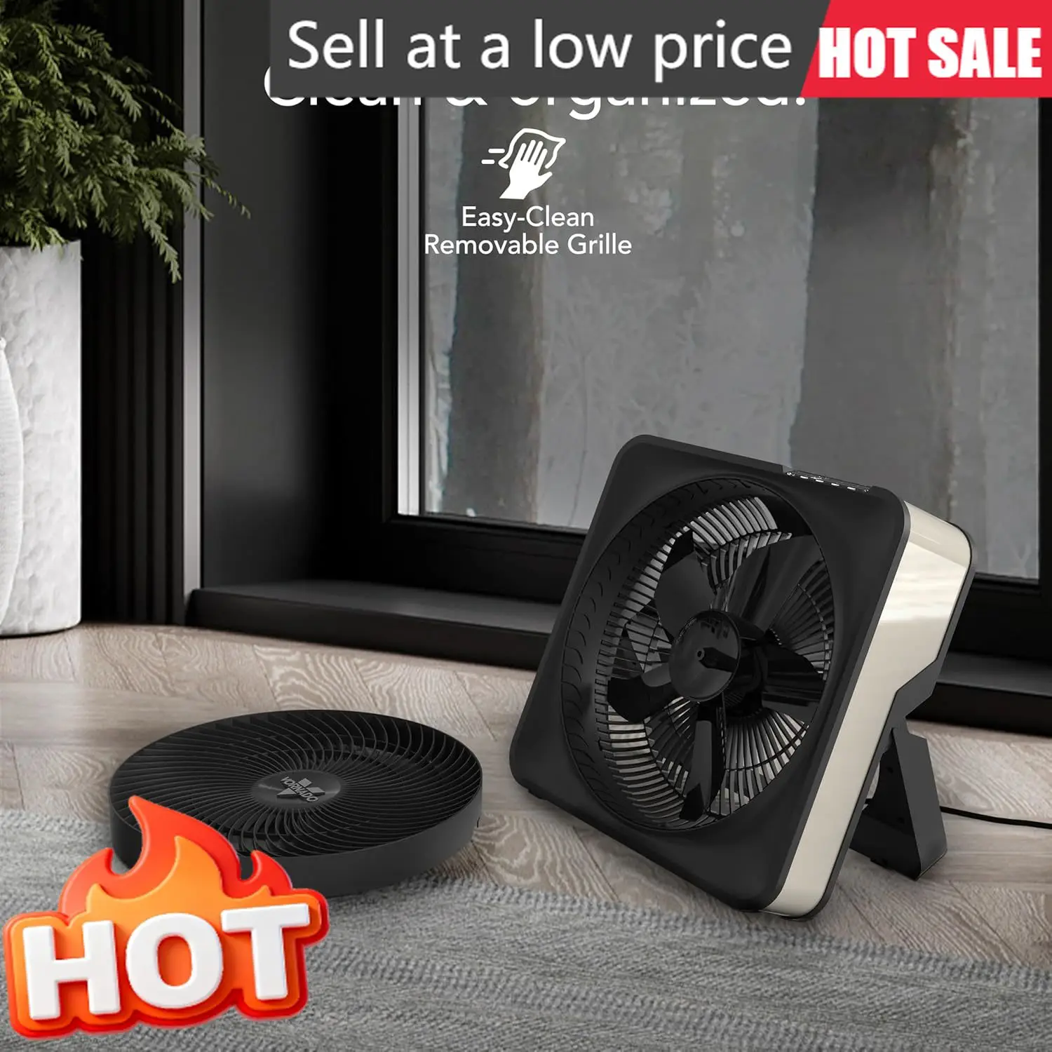 

High Velocity Box Fan Kick Stand Digital Display Removable Grille Variable Speed Control 1 To 12 Hour Timer Powerful Floor Fan B