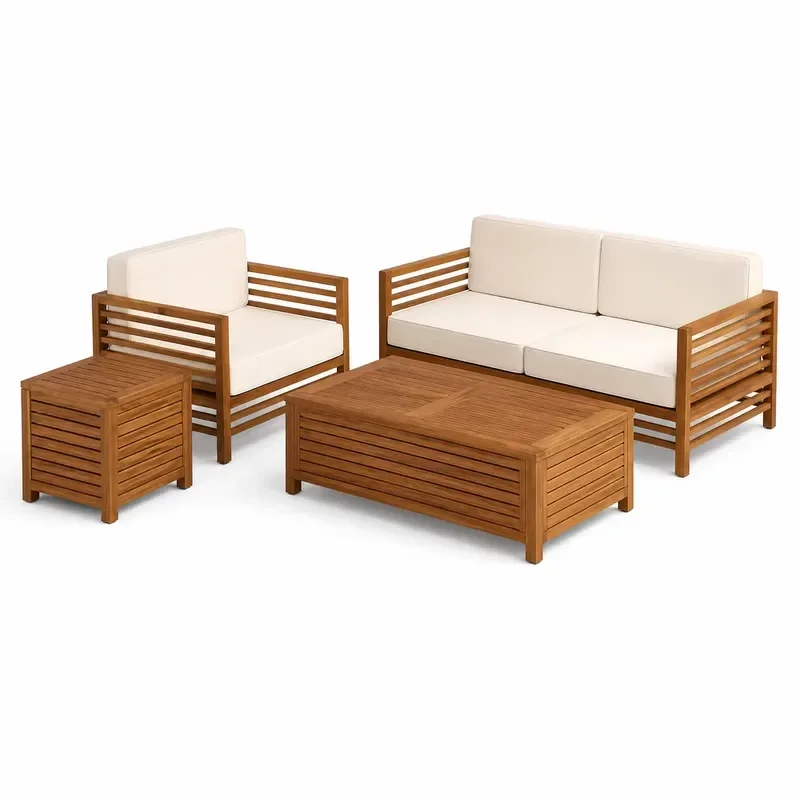 Modern European Solid Teak Outdoor Wooden Sofa Set Garden Patio Furniture Quick-Dry Cushion Armchair Coffee Table