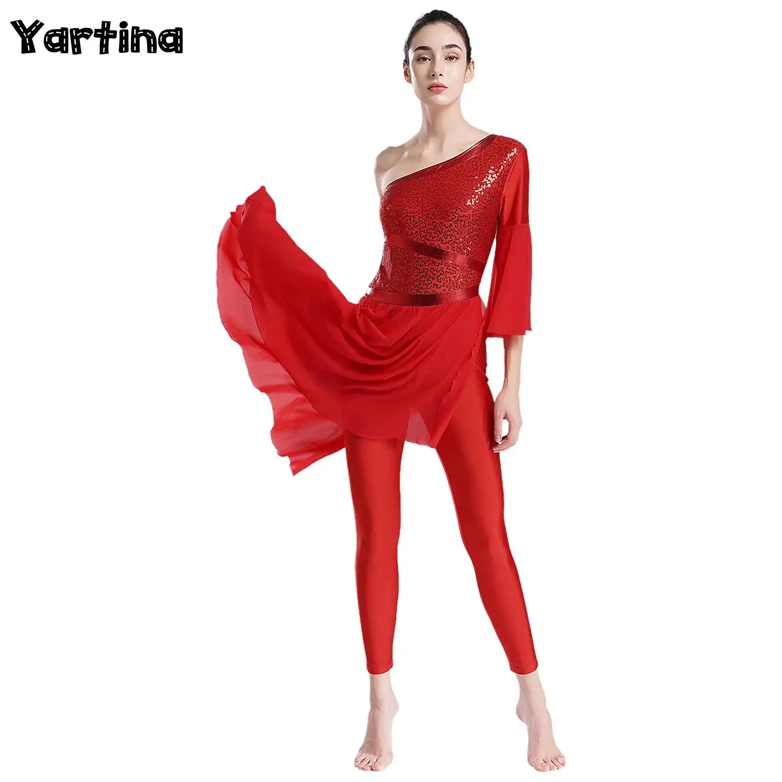 

Womens Shiny Sequins Ballet Lyrical Dance Costume Flowy Side Slit Skirted Jumpsuit One Shoulder Bodysuit Ballroom Dancewear