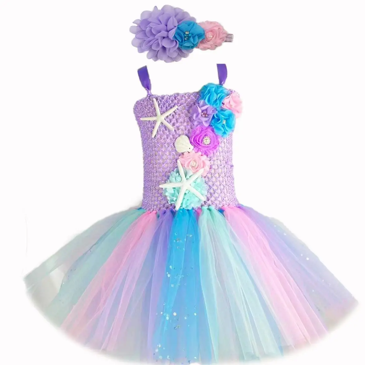 Girls Mermaid Princess Tutu Dress Starfish Sea Theme Birthday Halloween Party Carnival Costumes Kids Glitter Flower Dress 1-12Y image 6