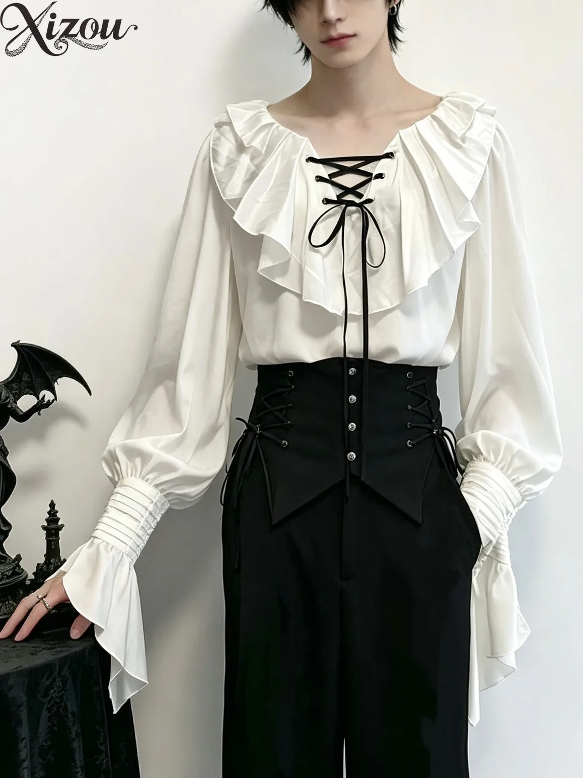 Spring Autumn Men's Shirts White Gothic Lolita Shirt Prince Style Retro Inner Layer Long Sleeve Tops for Men Court Undershirt