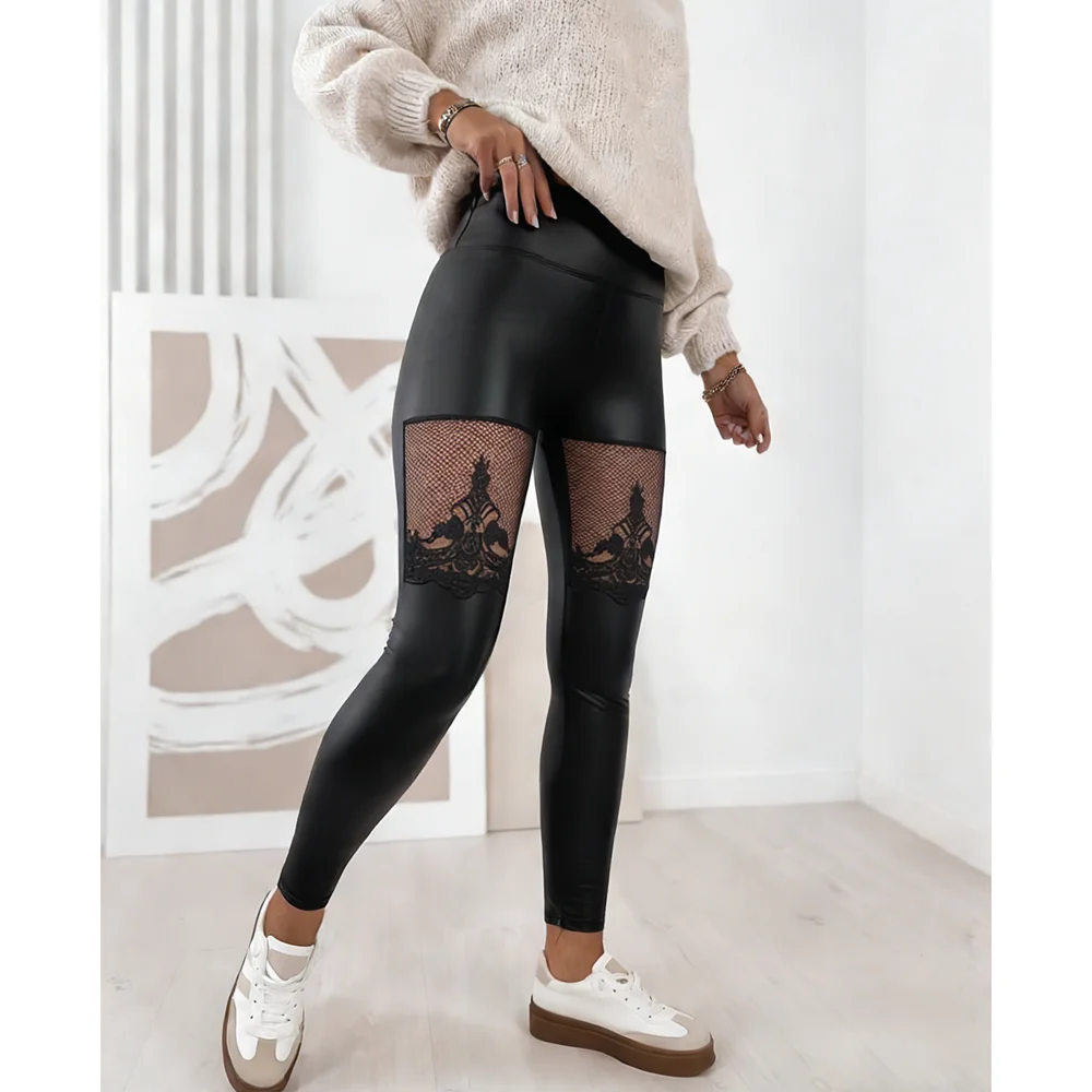 

Women High Waist Faux Leather Leggings Black Mesh Lace Patchwork Skinny Pants Sexy Clubwear Trousers