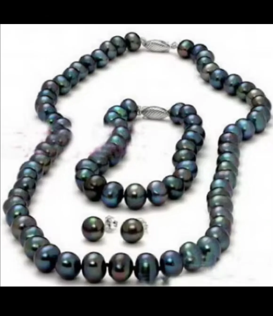 

Бесплатная доставка ювелирные изделия 8-9 мм настоящий черный жемчуг застежка ожерелье браслет серьги комплект