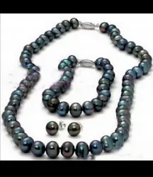 Free shipping Jewelry 8-9mm Real Black Pearl Clasp Necklace Bracelet Earrings Set
