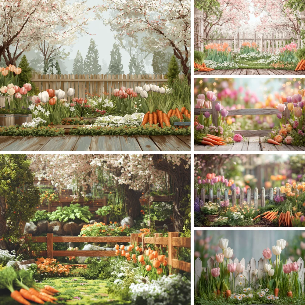

Spring Easter Backdrop Photography Cherry Blossom Tulip Carrot Fence Garden Background Newborn Kids Photozone Studio