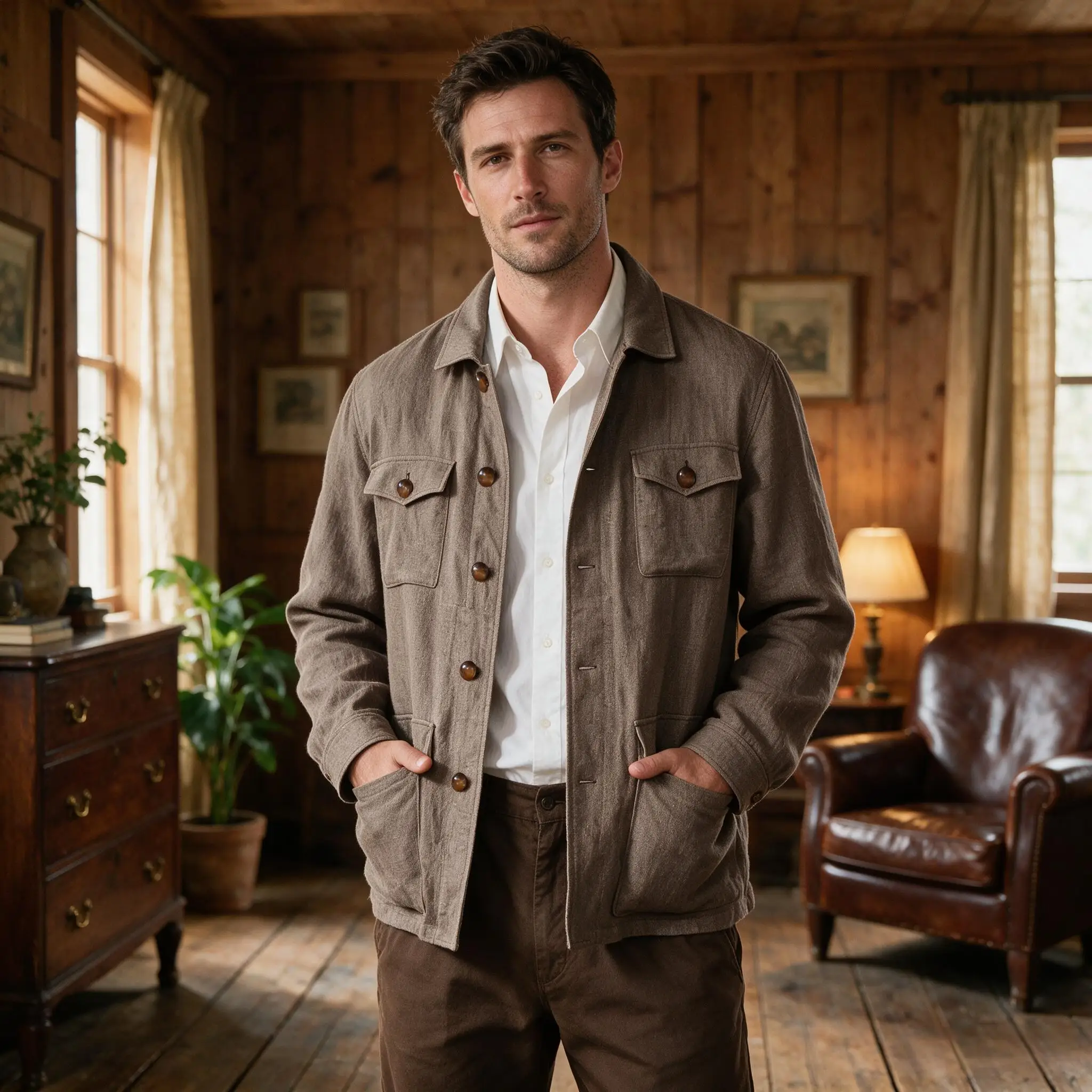 Men Linen Safari Jacket Lapel Collar Multi Pockets Button Down Casual Work Coat Daily Outdoor Outerwear