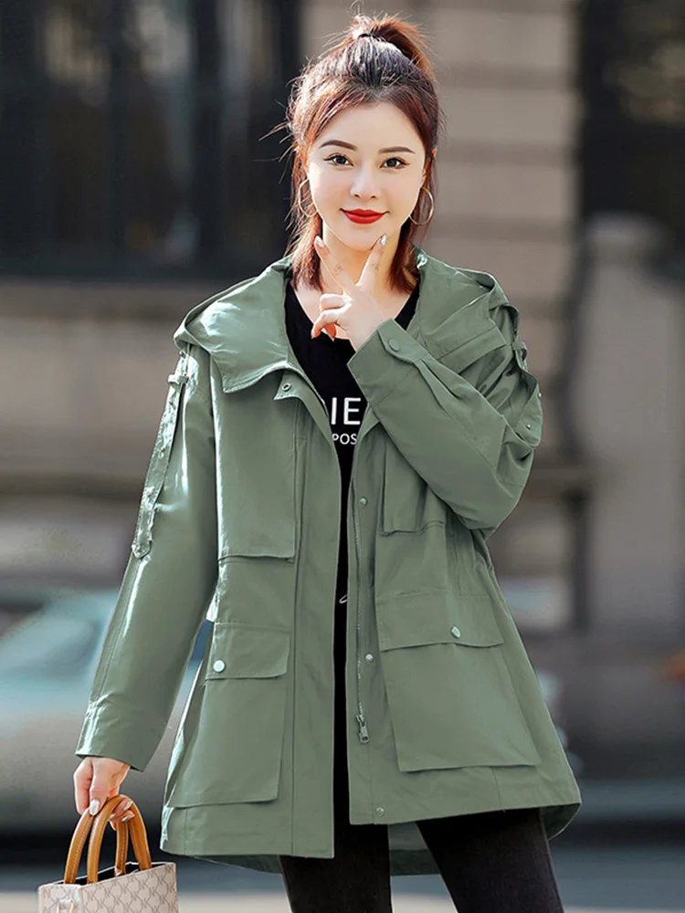 

Windbreaker women's middle and long style spring and autumn 2022 new leisure hoodie with a slim waist, spring windbreaker coat