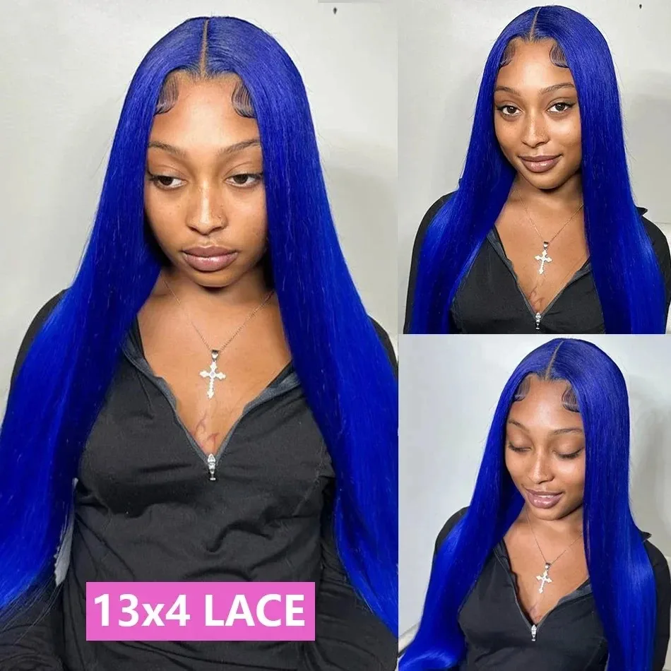 Blue Wig Bone Straight Lace Front Wig Glueless 13x4 HD Synthetic Lace Frontal Wigs for Women Pre Plucked Daily Use Cosplay