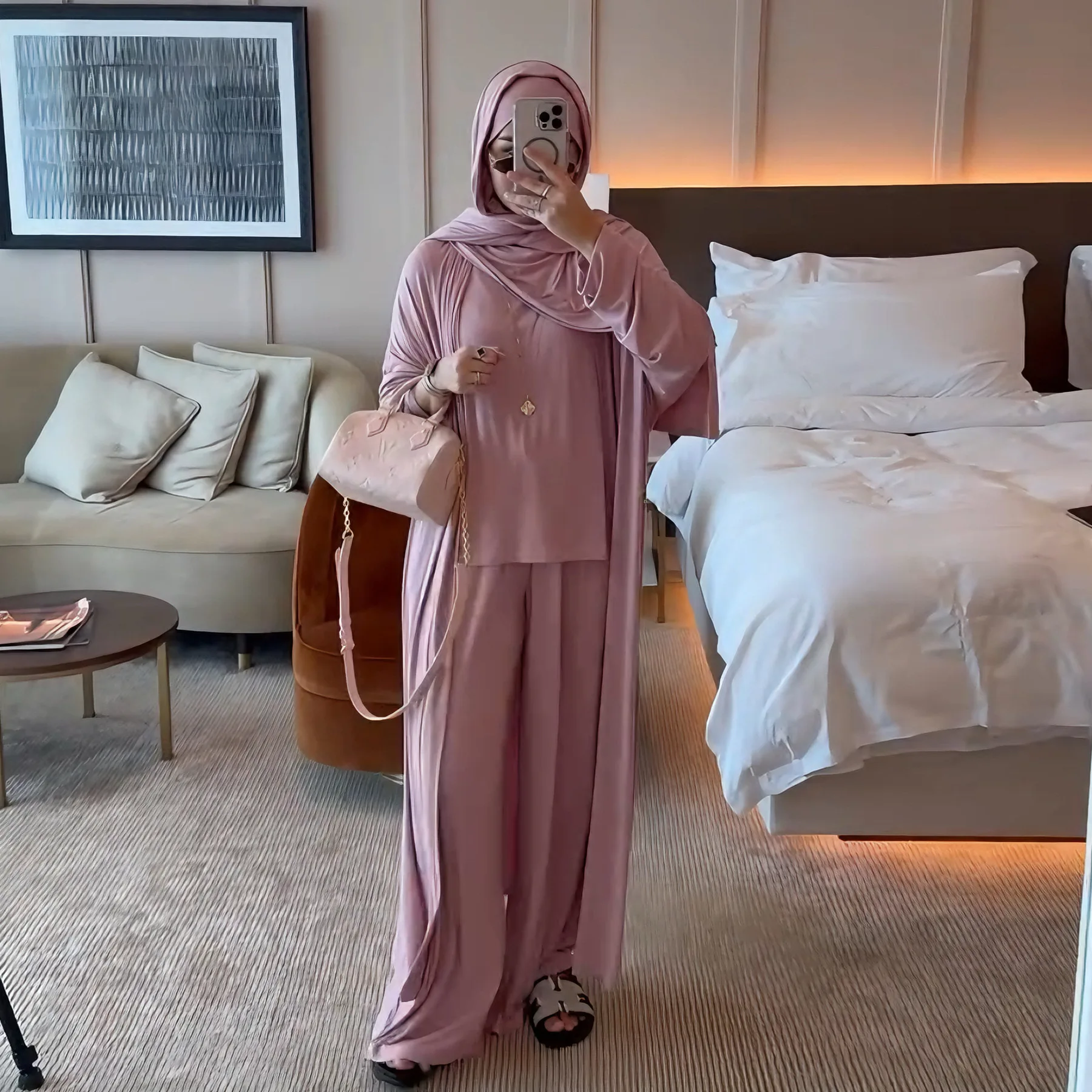 

Мусульманский женский комплект, длинный кардиган, кимоно, топ, брюки, костюм из 3 предметов, Дубай, Рамадан, кафтан, костюм Абая, скромная исламская одежда, ансамбли