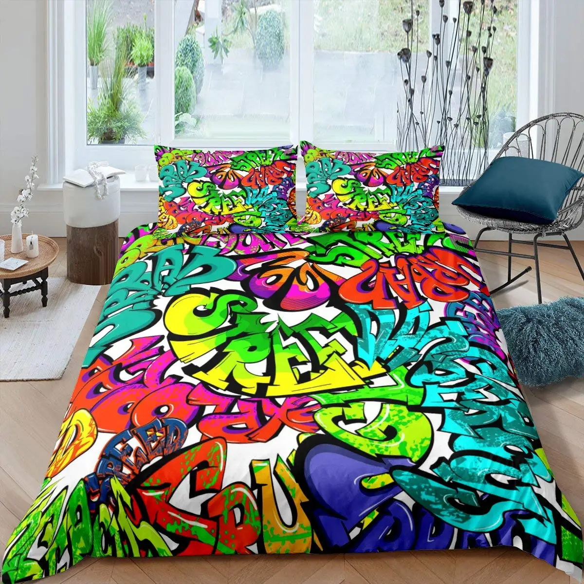 Hippie Graffiti King Queen Duvet Cover  Hip Hop Bedding Set for Kids Teens Adults Wall Urban Street Art Polyester Quilt Cover