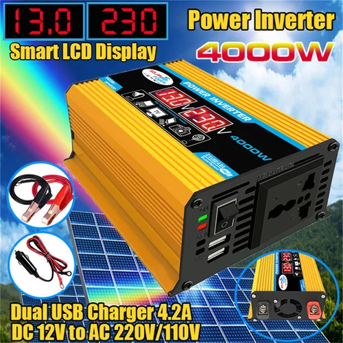 Imagen 2 del producto [Venta caliente] Inversor de corriente de 4000 W de 12 V a 220 V/110 V con puerto USB: uso solar/coche/hogar, onda sinusoidal pura para pantalla LED, RV, Camping