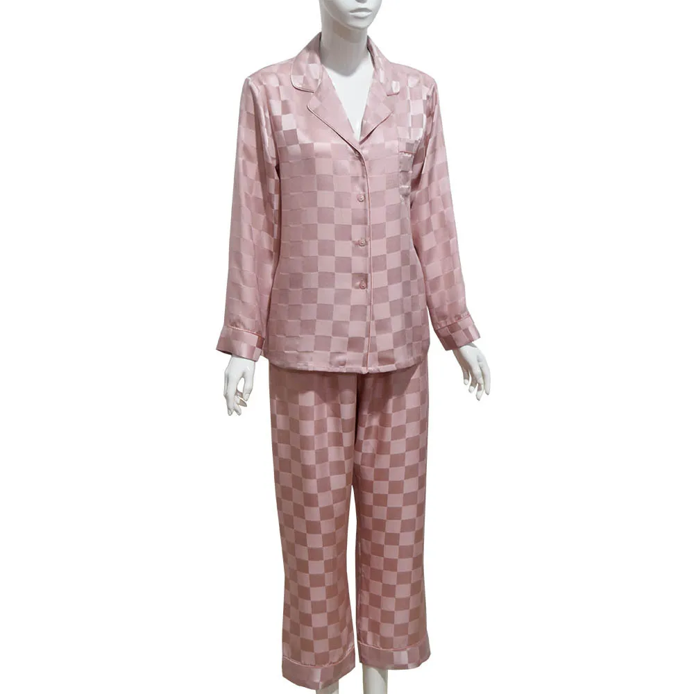 Plaid Silk Pajamas Women\'s Long Sleeves High Sense Black and White Can Be Worn Outside Fashion Mulberry Silk Home Clothes Suit