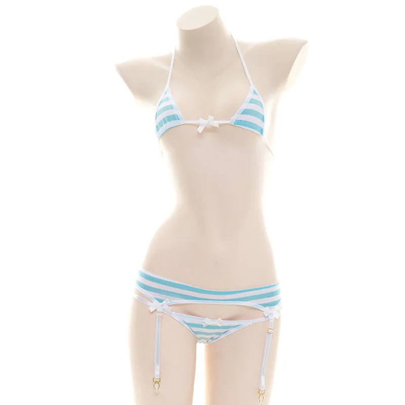 Conjunto de microbikini de 3 puntos para adultos, lencería Sexy, Cosplay de Lolita Kawaii, azul, rosa, blanco, a rayas, chica japonesa