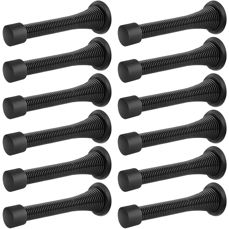 12 Pack Black Spring Door Stops Flexible Spring Door Stopper Door Stop Wall Protector With Low Mounted Black Rubber Bumper Tips