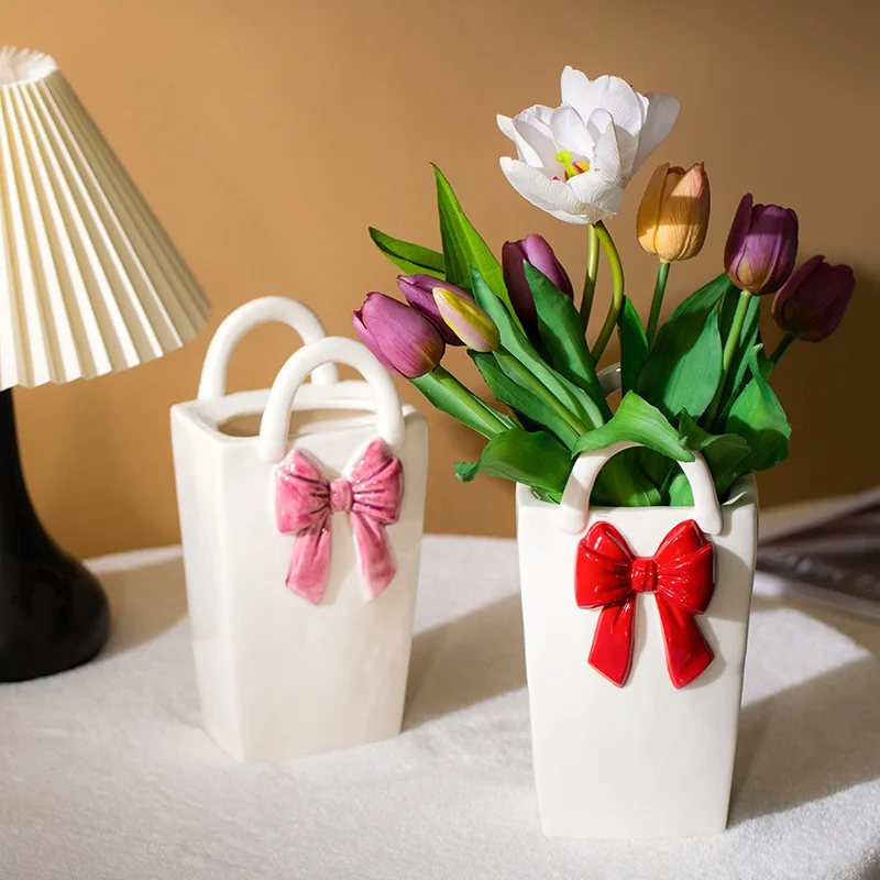 CAPIRON Pink Ins Ceramic Vase Bowknot for Fresh Flower Pampas Grass Home Centerpiece Ornaments Room Decor Book Shelf Decoration