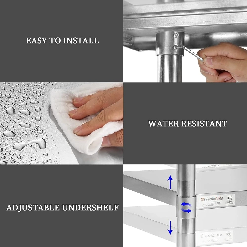 Commercial Grade Stainless Steel Work Table with Wheels Adjustable Undershelf Kitchen Garage Restaurant Laundry Use