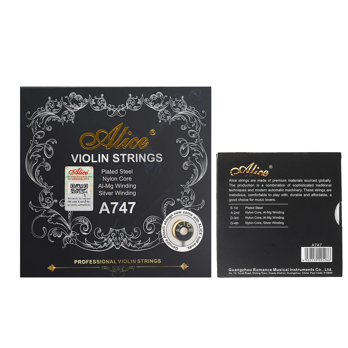 Alice A747 Violin Strings - 4/4 Full Size Set, Nylon Core, Silver Wound G-String, Aluminum-Magnesium Wound A/D Strings