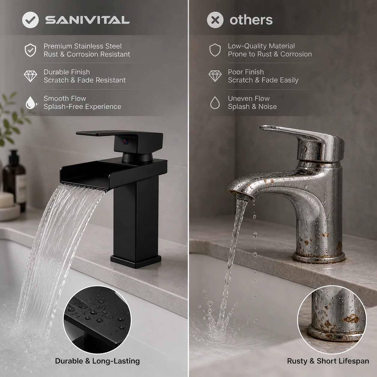 SANIVITAL Waterfall Bathroom Faucet Hot and Cold Mixer Tap Single Handle Basin Sink Faucet Deck Mounted Matte Black Vanity Fauce