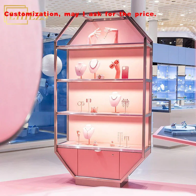 

Изготовленная на заказ. Подставка для мобильных ювелирных изделий. Деревянная витрина для ювелирных изделий. Розовая полка для ювелирных изделий из нержавеющей стали со светодиодной подсветкой.