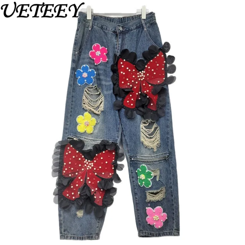 Wiosenno-jesienne, nowe, szerokie jeansy damskie z dużymi kokardami, kwiatami i przetarciami, modne spodnie dżinsowe w stylu europejskim i amerykańskim.