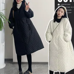 Pregnant Women Winter Clothing Cotton Jacket with Pockets Long Sleeve Single-breasted Long Maternity Coat Warm Drawsting Outwear