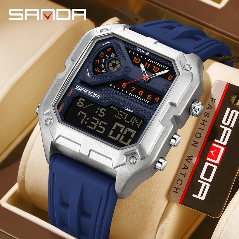 

SANDA 6278 Dual Display Watch Men's Silicone Tape 5ATM Waterproof Night Light Alarm Clock, Sports and Leisure Student Watch