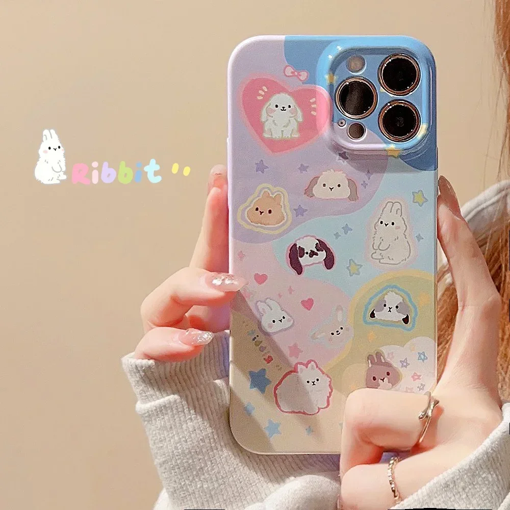 Retro Kawaii puppy rabbit park funny Glossy Cartoon Phone Case For iPhone 16 15 14 13 12 Pro Max Xr 14 16 Plus Case Cute Cover