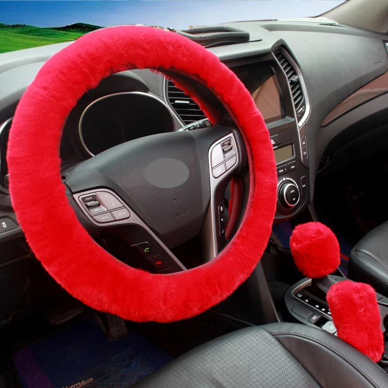 3Pcs/Set Winter Car Rabbit Hair Steering Wheel Cover Handbrake Warm Fur Case Gear Lever Sleeve Accessories Fashion Auto Interior