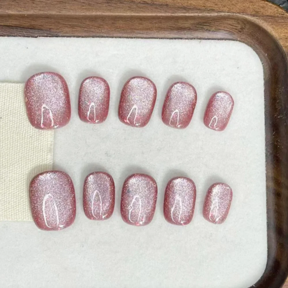 10 stuks draagbare zomer handgemaakte pers op nagels set paars kattenoog korte ronde kunstnagels tips eenvoudige effen kleur nep nagel kunst