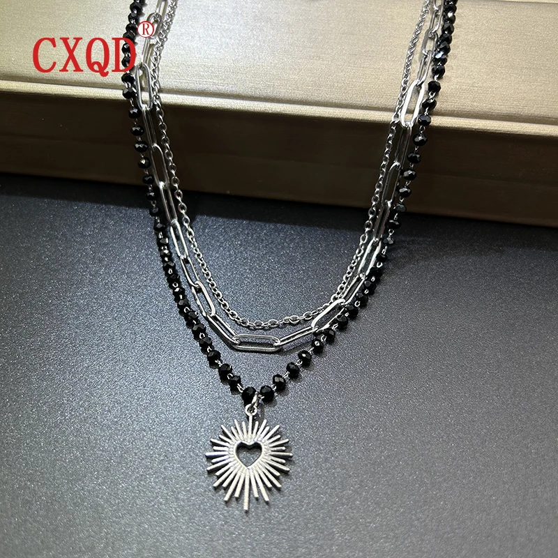 

Stainless Steel Layered Beaded Silver Color Necklace Set Heart Sunburst Pendant for Women Multilayer Choker Chain Jewelry Gifts