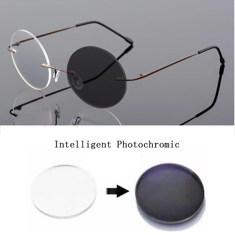 

New Women Titanium Photochromic Reading Glasses Magnifier Round Rimless Hollow Out Presbyopia Eyeglasses Driving Sunglasses