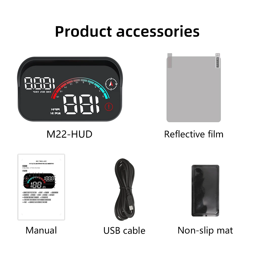 AD M22 رئيس يصل العرض العالمي GPS HUD عداد السرعة الرقمي LCD الإسقاط على الزجاج سيارة سرعة متر الزجاج الأمامي العارض على مدار الساعة