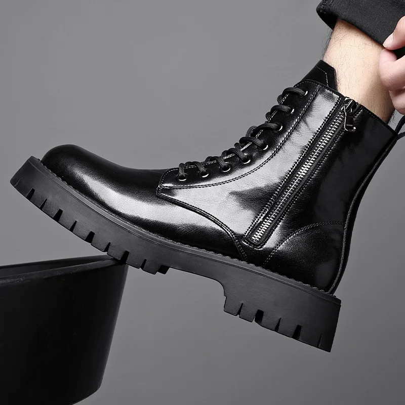 England style mens fashion high motorcycle boots black autumn winter shoes cowboy natural leather boot long platform botas male