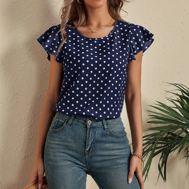 

Spring Summer Women's Polka Dot Short Sleeve T-shirt Fashion Round Neck Printed Pullover Top Casual Versatile T-shirt