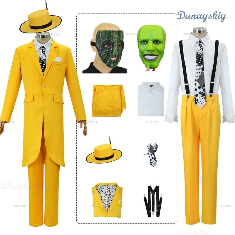 

Green Mask Face Stanley Cosplay Comic Film Costume Hat Máscara Big Jim Head Clothes Carry Comedy Halloween Party Men Yellow Suit