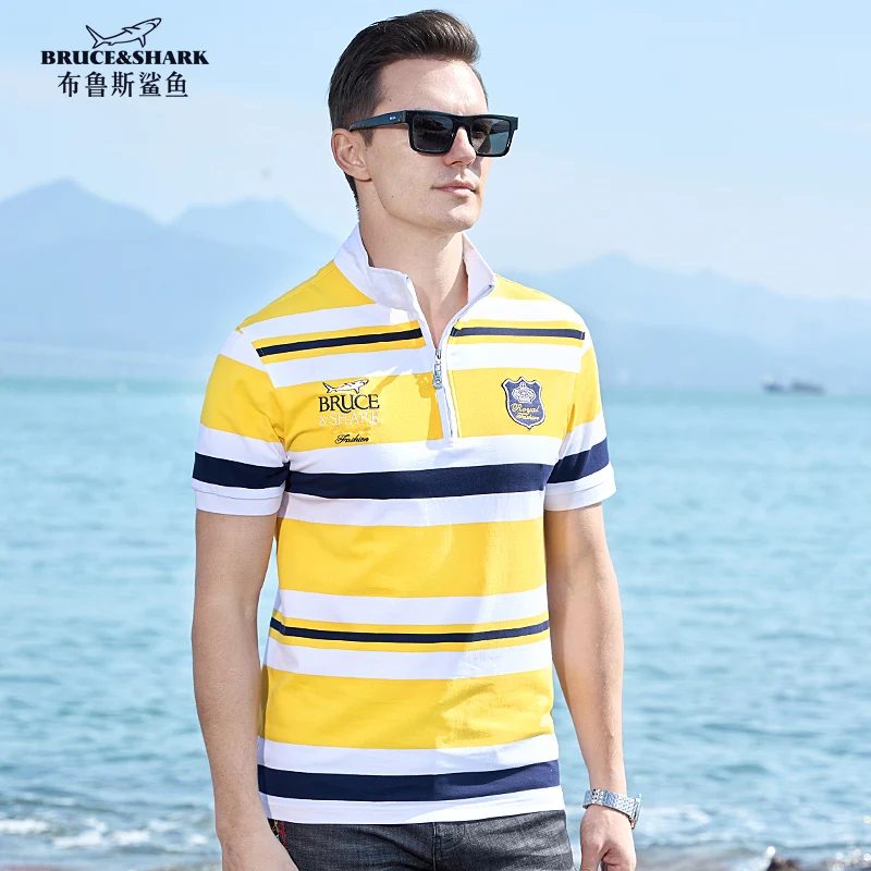 2024 Summer New Men\'s Yellow Stripe Polo Short Bruce&shark Casual Loose Men\'s Tees Fashion Embroidery Luxury Polo Big Size 4XL