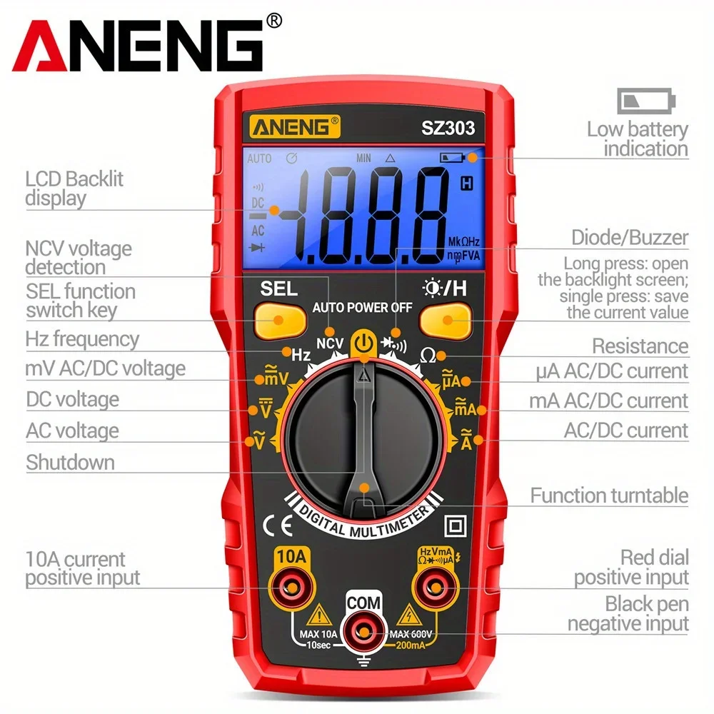 Multimeter Digital ANENG SZ303 Presisi Tinggi Pengukur Arus Resistansi Profesional Penguji Tegangan Arus AC/DC Peralatan Listrik ﻿