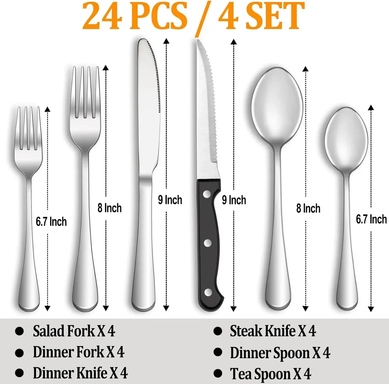 24 Pcs Silverware Set with Steak Knives Service for 4,Stainless Steel Flatware Set,Mirror Polished Cutlery Utensil Set