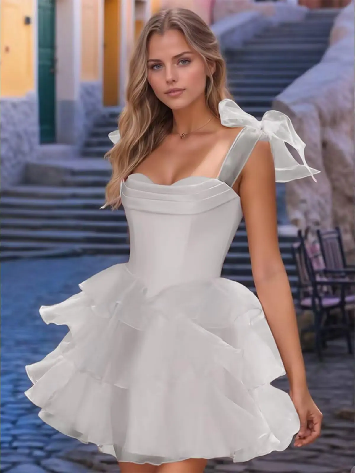 

Tiered Homecoming Dresses with Bow Spaghetti Strap Short Prom Dress Off Shoulder Tulle Corset Mini Cocktail Dress