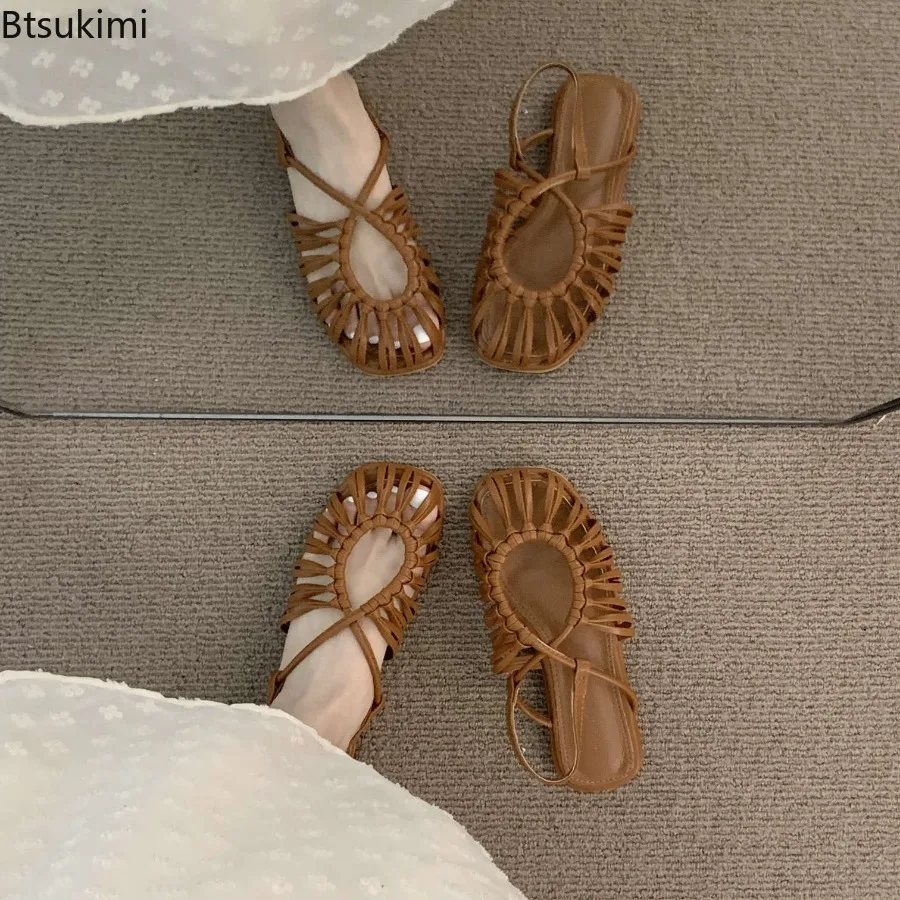 Sandalias de Mujer de Alta Calidad, Estilo Slip-On con Tira en el Tobillo, Sandalias Planas Casuales de Verano con Punta Cerrada, Estilo Boho para la Playa