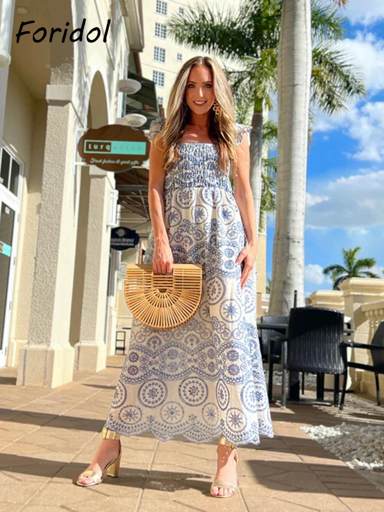 Blauwe Bloemen Embroidey Zomer Strandjurk Vrouwen Casual Vakantie Bohemian Jurk Boho Zomerjurk Maxi Lange Vestidos Mode Kleding