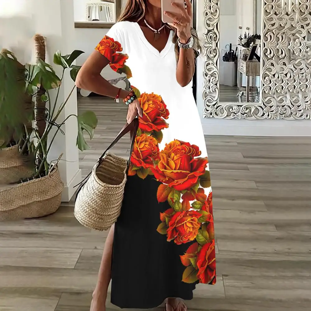 Summer Fashions Women's Dresses Elegant V-Neck Short Sleeves Clothing Woman Flowers Printed Slit Dress Loose Holiday Streetwear