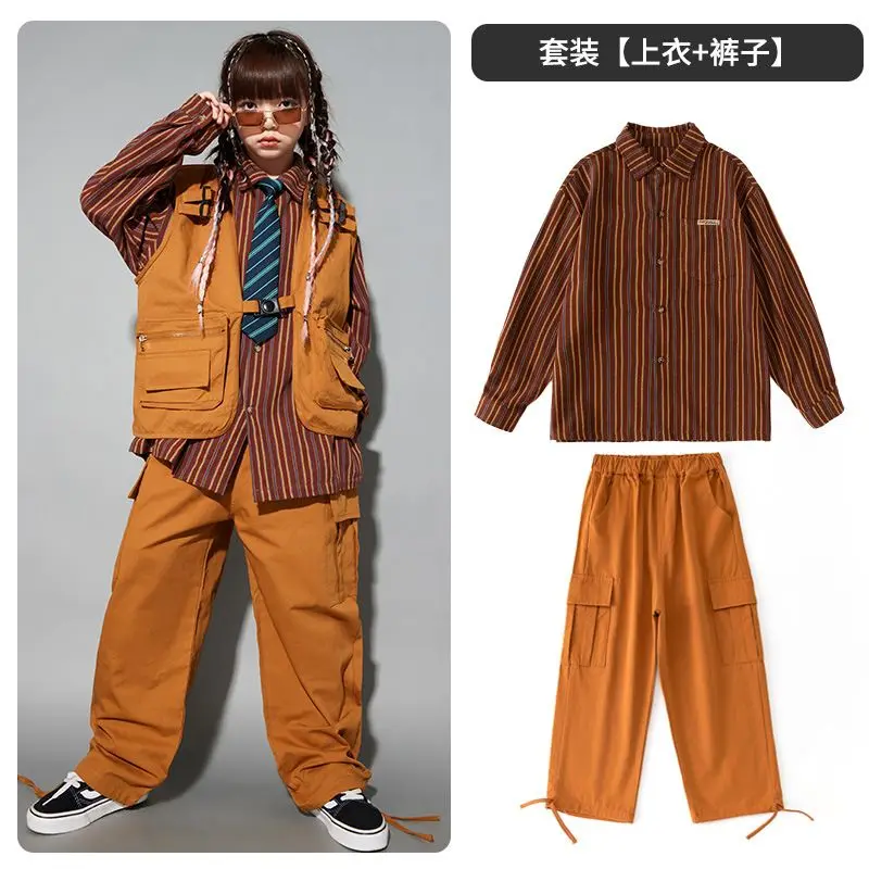 Child costume For Kids Stripe Shirt Brown Vest Hiphop Pants Suit Girls Jazz Dancing Outfits Boys Streetwear